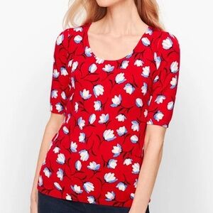 Talbots Floral Short Puff Sleeve Sweater Top Red White‎ Blue Size Large Petite